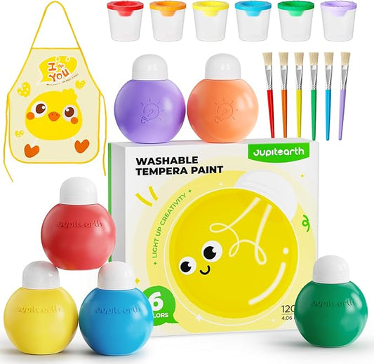 JUPITEARTH 6 Colors Washable Tempera Paint for Kids, 4.06oz(120ml) Non Toxic Finger Paint for Toddlers, Set Included Brush, Cups, Art Smock
