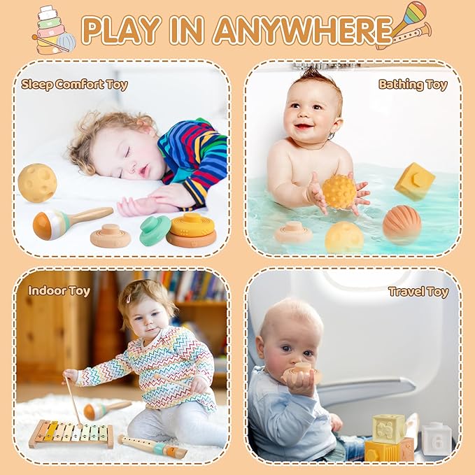 Baby Toys Montessori Toys 6 in 1 Musical Instruments for Toddler, Stacking Blocks Development Learning Educational Toy with Wooden Xylophone Infant Baby Birthday Gift