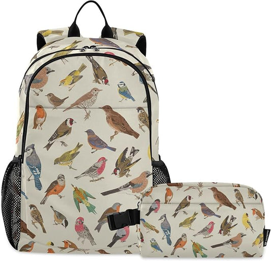 Jucciaco Vintage Birds Backpack with Lunch Bag, School Travel Backpack for Teens Boys Girls Kids Backpacks Set