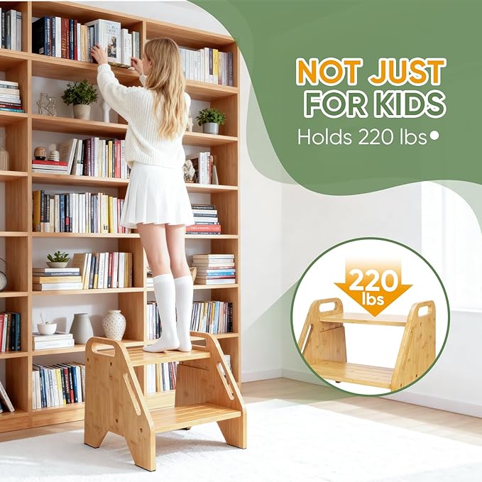 Timberfolkfz Toddler & Kids Step Stool, Adjustable Bamboo Wooden Step Stool for Kitchen, Bathroom Sink & Toilet, Non-Slip 2 Step Stool, Sturdy Compact Design, 220 lbs Capacity