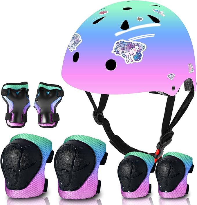 Adjustable Gradient Color Kids/Toddler Bike Helmet for 1-2-3-5-8-14 Years Boys Girls,Skateboard Helmet with Knee and Elbow Pads Wrist Guard Roller Skates,Cycling,Skating Scooter Longboard