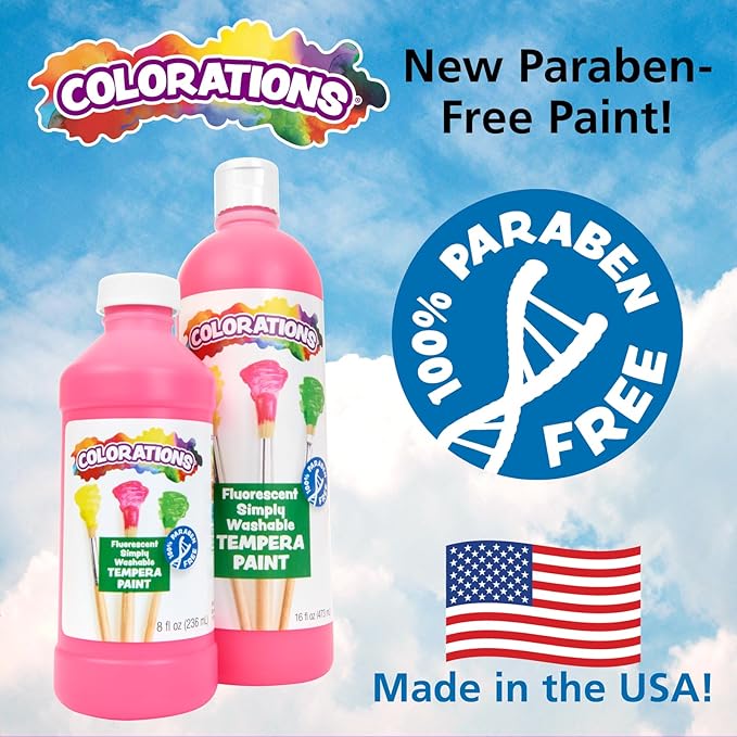 Colorations Paraben-Free Fluorescent Simply Washable Tempera Paint- Set of 6, 8 oz. Each Bottle, Non-Toxic, Classroom Essentials, Arts and Crafts Supplies for Kids and Adults