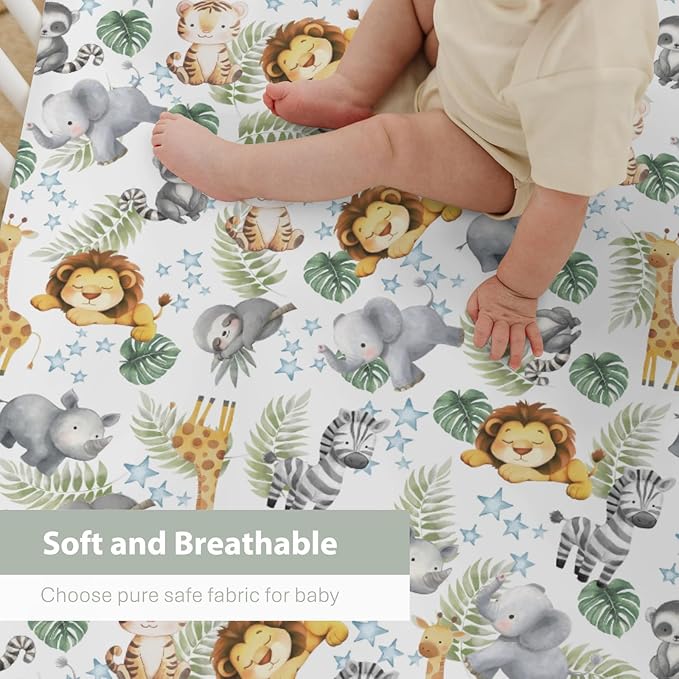 Jungle Friends Baby Crib Sheets for Boy Girl 52x28 Safari Lion Giraffe Elephant Tropical Leaves Soft Stretchy Fitted Crib Mattress Cover African Animal Baby Sheet for Standard Crib & Toddler Mattress