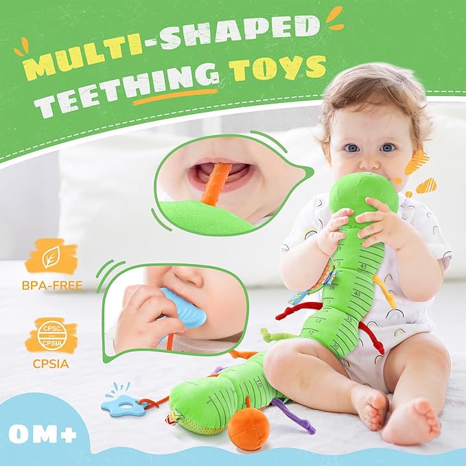 Baby Toys 6-12 Months Music Caterpillar,Stuffed Animals Infant Toys 0-3-6 Months,Teething Sensory Toys Tummy Time with Mirror Crinkle Rattle&Pull String for Boys Girls Gifts Birthday|Green