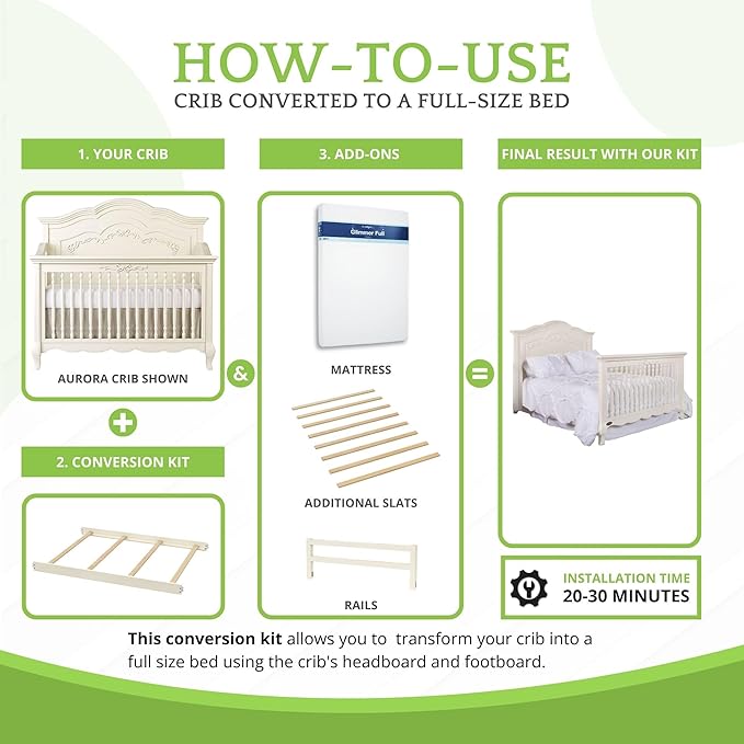 Full-Size Conversion Kit Bed Rails for Evolur Cribs - Solid Wood Crib Convertible Kit to Kids Bed - Transitional Style Rails & Easy-to-Install Child Essentials for Safety (Ivory Lace/Fair White)