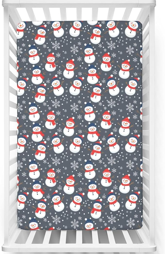 Christmas Theme Fitted Crib Sheet,Winter Snow Snowman Snowflakes Pattern,Portable Mini Crib Sheets Soft and Stretchy Fitted Crib Sheet - Great for Boy or Girl Room or Nursery,24“ x38“,Multicolor