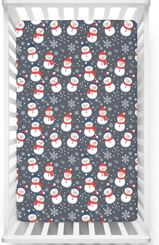 Christmas Theme Fitted Crib Sheet,Winter Snow Snowman Snowflakes Pattern,Portable Mini Crib Sheets Soft and Stretchy Fitted Crib Sheet - Great for Boy or Girl Room or Nursery,24“ x38“,Multicolor