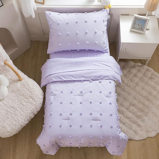 Caressma Lavender 4 Pieces Toddler Bedding Set - Lovely Pom Pom Tufted Comforter Set for Girls - Includes Purple Comforter, Fitted Sheet, Flat Sheet & Pillow Case