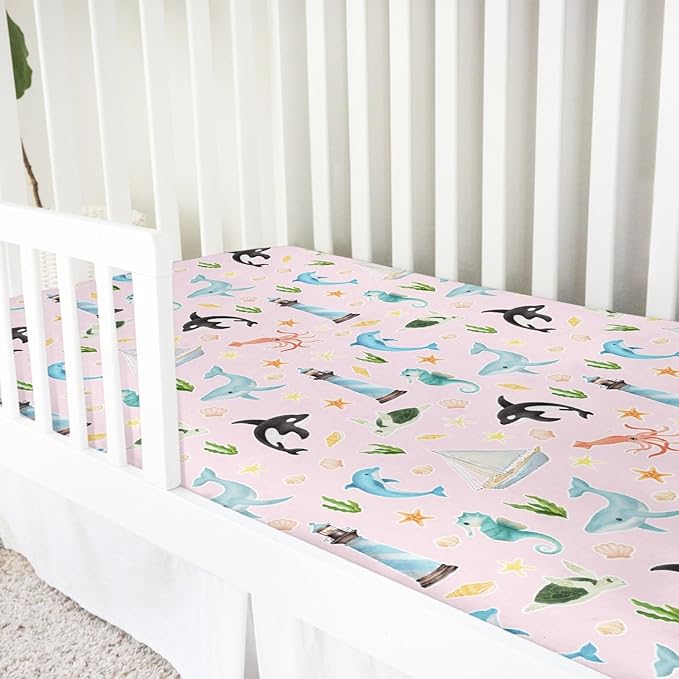 Colorful Sea Animals Baby Crib Sheet 52''x28'' Ocean Whale Dolphin Turtle Shells Coral Lighthouse Ship Stretchy Fitted Crib Mattress Cover for Boy Girl Baby Sheets for Standard Crib Toddler Mattress