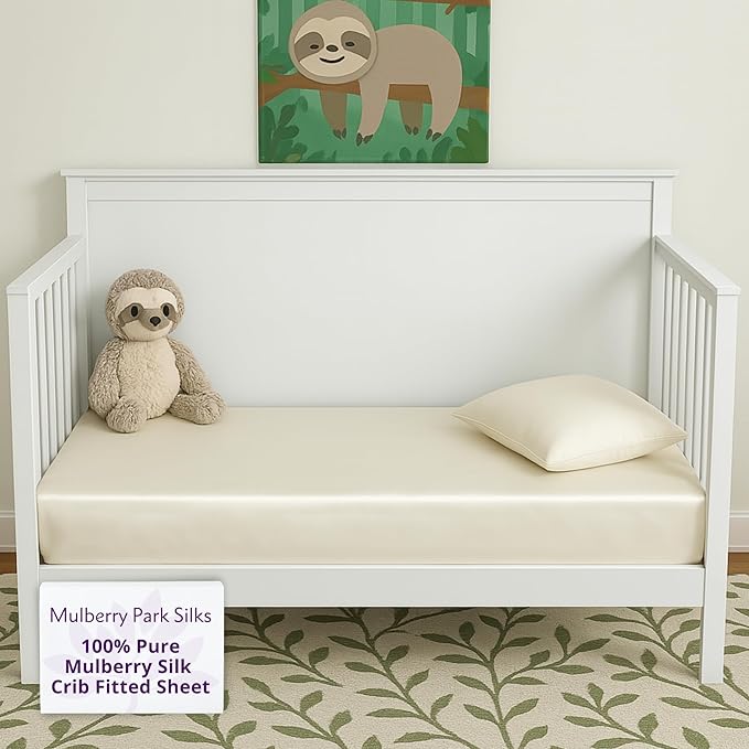 Mulberry Park Fitted Silk Crib Sheet - Grade 6A Pure 19 Momme Toddler Bedding - Gentle on Baby's Delicate Skin, Helps with Bald Spot, Eczema, Dry Skin & Cradle Cap - 28" x 52" / Natural White