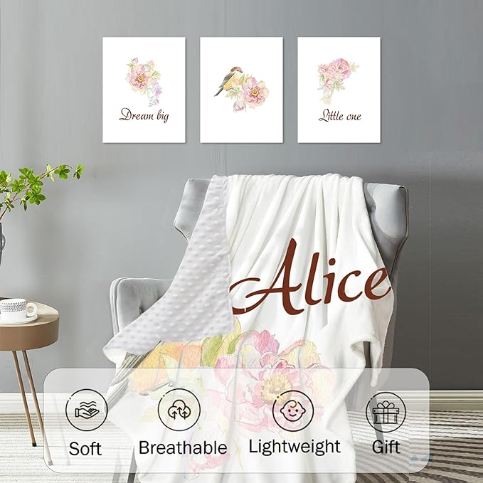 Personalized Crib Bedding Set, Custom Name Baby Bedding 5-Pcs Set - Blanket Fitted Sheet Changing Pad Cover Nursery Rug Wall Art, Pink Floral Bird Nursery Decor for Newborn Girls