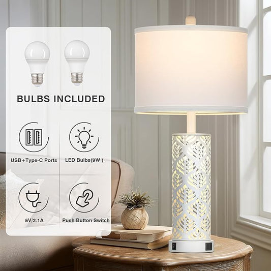 Cinkeda Set of 2 Rustic Table Lamps for Living Room Bedroom, Vintage Farmhouse Nightstand Lamp with 2 USB Ports, Hollow Out Metel Lamp for End Table with Nightlight (White)