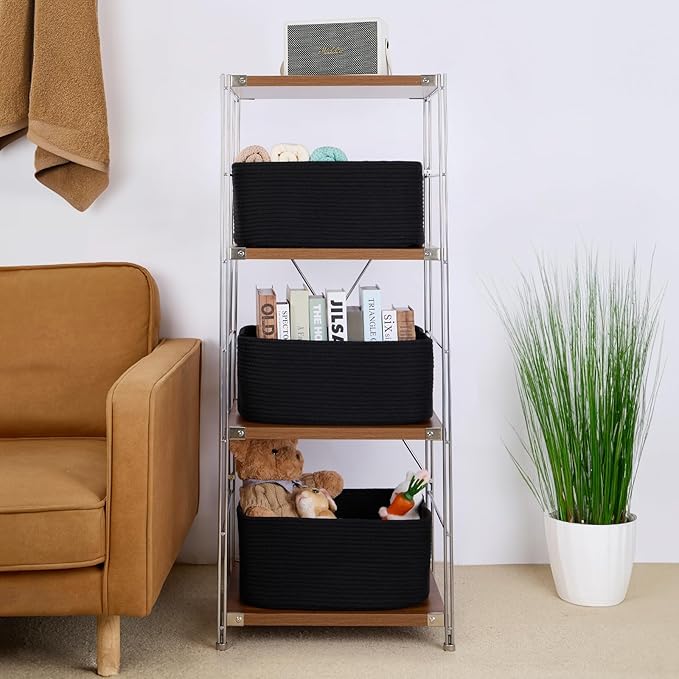 MiniArk Large Storage Baskets for Shelves, Closet Organizers Bins for Clothes Blanket Towels, Baby Nursery, Toy Baskets Box, Woven Rope Baskets, 17 x 13 x 7.5”, 3 Packs Black