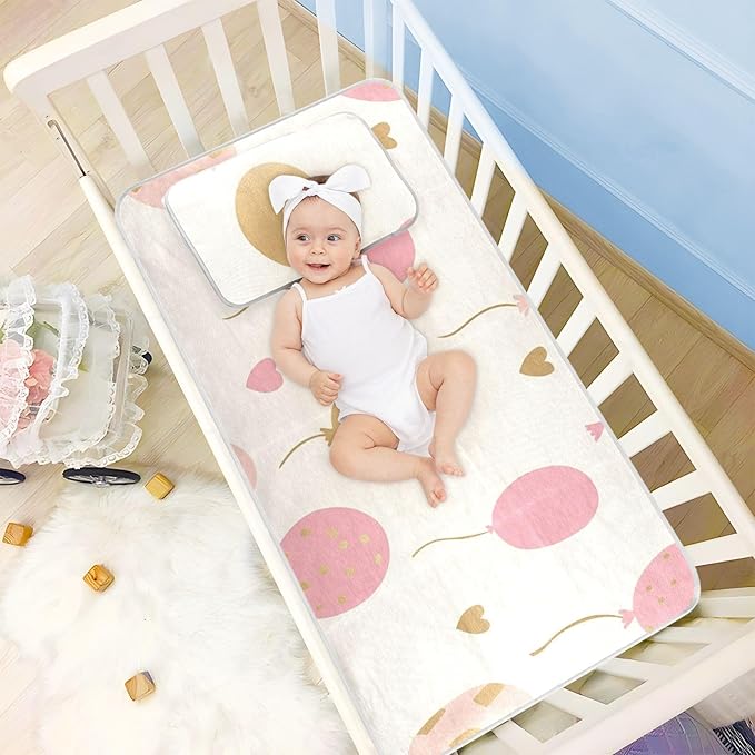 Cooling Baby Mattress Protector Pads 28" x 52"Absorbent Crib Padding for Sides for Baby&Toddler Balloon Beige Heart Gold Peach