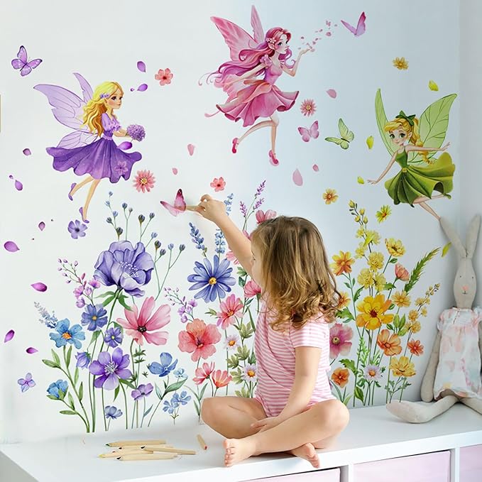 CharmFlo Fairy Wall Decals Wildflower Butterfly Wall Stickers Removable Vinyl Wall Art DIY Florals Peel and Stick for Girls Bedroom Living Room Kids Room Baby Nursery Wall Decor