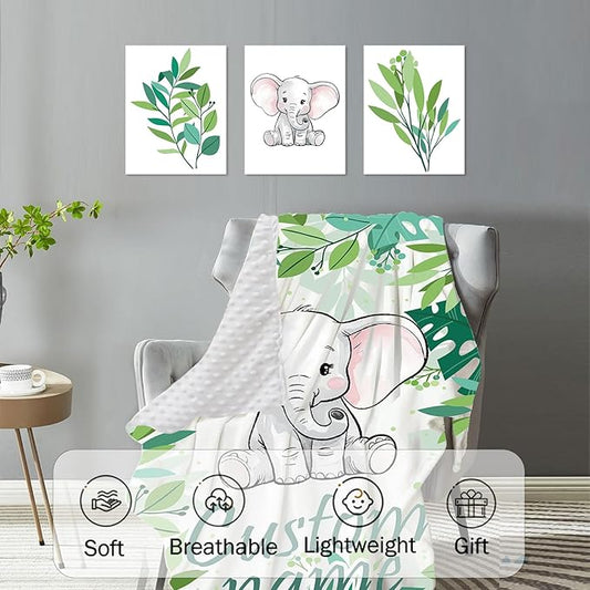 Custom Baby Crib Bedding Set,Personalized Name Green Elephant Theme Nursery Bed Set 4 Piece,Baby Blanket Fitted Sheet Nursery Rug Wall Art Set,Custom Room Decor Idea Gift for Newborns Boys Girls