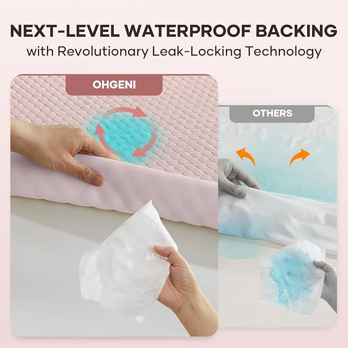 OhGeni 100% Waterproof Mattress Protector,Queen Size Mattress Soft Pad,Hair & Bedwetting Resistant,Cooling Breathable Fitted Sheets,Washable Bed Cover,Non-Slip Deep Pocket,Noiseless for Bedroom,Pink