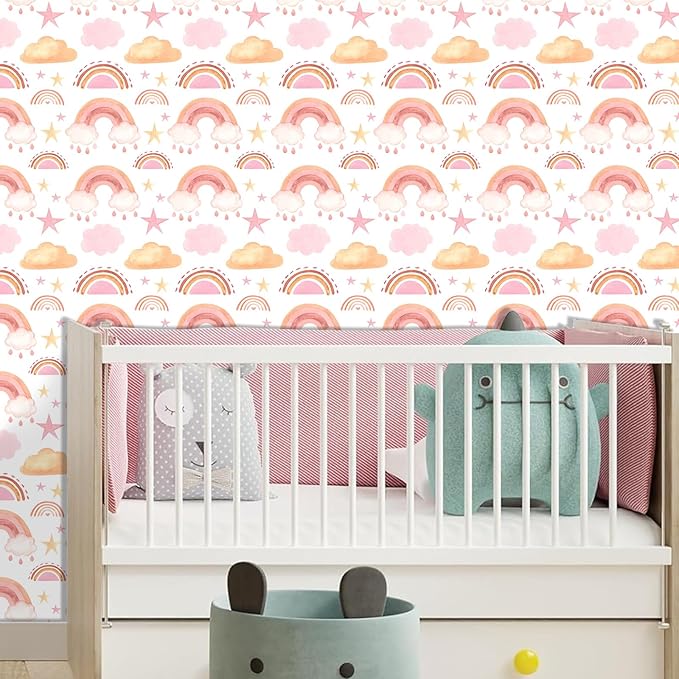 Boho Peel and Stick Wallpaper Watercolors Rainbow Wall Paper Removable Self-Adhesive Contact Paper for Girls Bedroom Art Mural Cabinets Art Vinyl Films Baby Nursery Covering Stickers 15.7x62.9IN