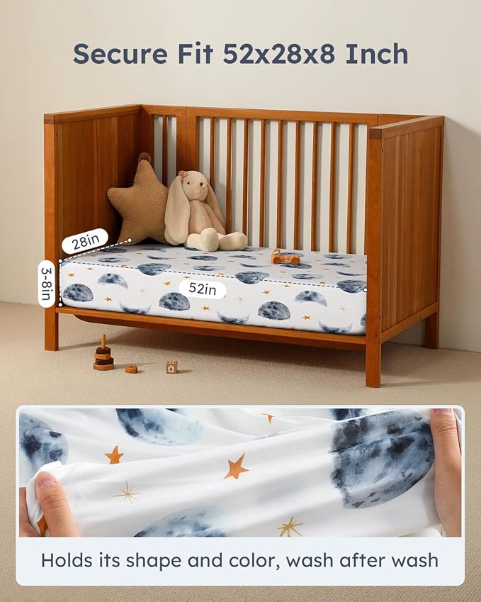 Baby Crib Sheets for Boys Girls, 28x52x8in Fitted Crib Sheet Neutral 3 Pack for Standard Crib and Toddler Mattress, Breathable Soft Microfiber Baby Sheet Grey & Blue Moon