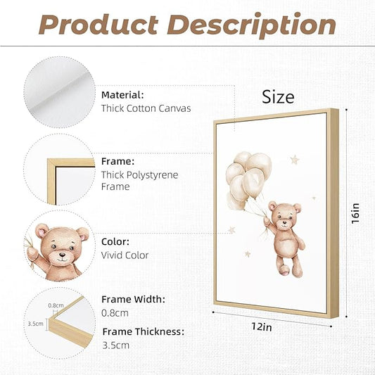 Baccone Bear Nursery Wall Art Decor Set of 3 Teddy Bear Canvas Wall Art Baby Boy Nursery Decor Prints Neutral Pictures Moon Star Cloud Print for Girls Children Room 12x16 Inch FRAMED
