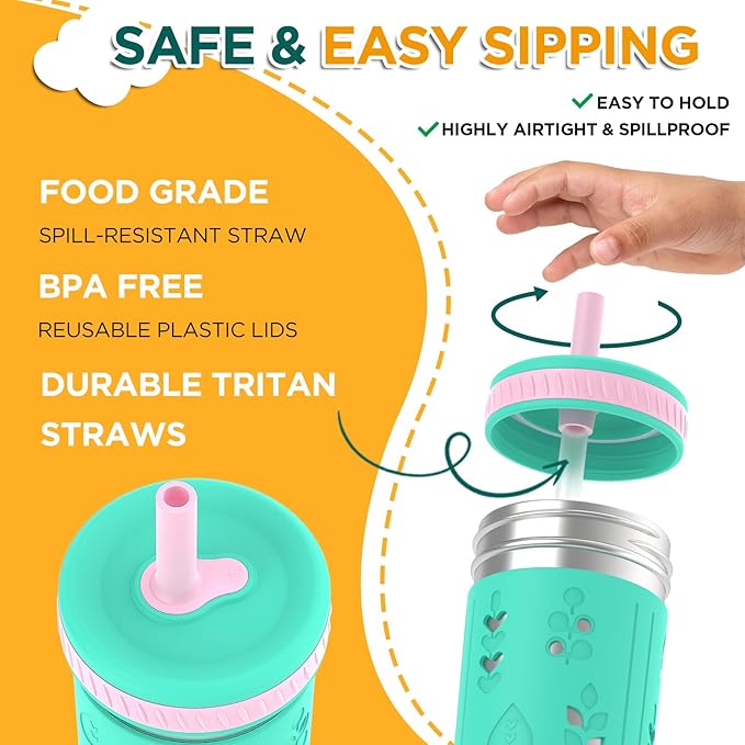 Tronco [2 Pack] 10 oz 2-in-1 Stainless Steel Kids Tumbler Cups with Silicone Sleeves, Spill-Resistant Flexible Straws & Storage Lids, BPA-Free Smoothie and Snack Cups, Dishwasher Safe