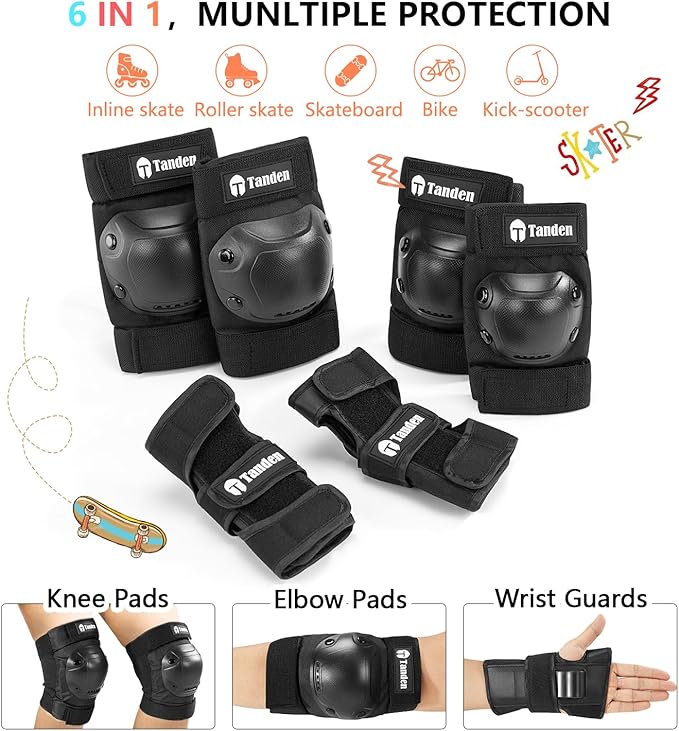 Skateboard Protective Gear Knee Pads and Elbow Pads Set, Elbow and Knee Pads for Roller Skating Wrist Guards Skateboarding Pads
