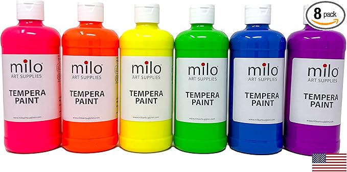 milo Fluorescent Neon Washable Paint | 16 oz Bottles 6 Colors | Made in the USA | Glows UV in Black Light | Safe & Non-Toxic Tempera Paint for Arts & Crafts, Poster, Window, Classroom, School, Project