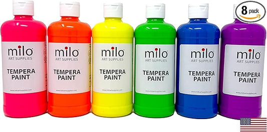milo Fluorescent Neon Washable Paint | 16 oz Bottles 6 Colors | Made in the USA | Glows UV in Black Light | Safe & Non-Toxic Tempera Paint for Arts & Crafts, Poster, Window, Classroom, School, Project