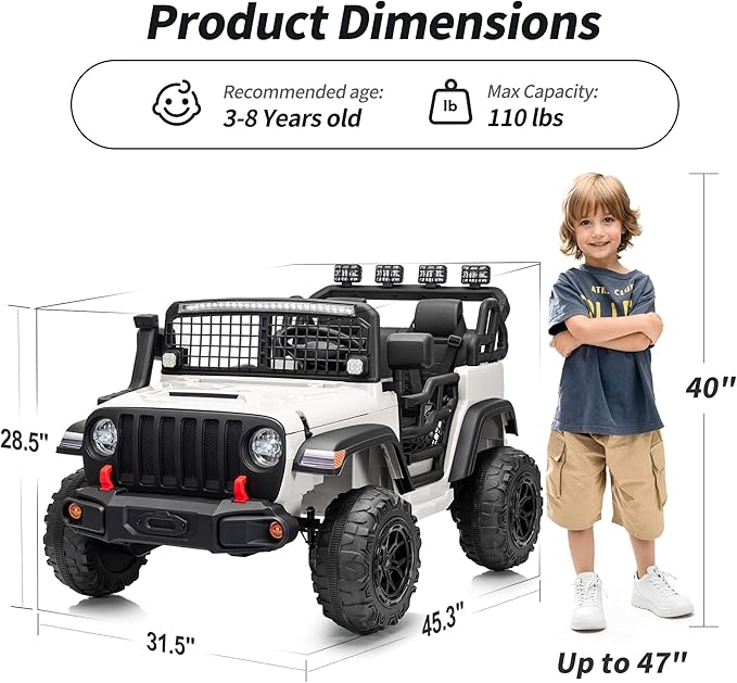 2 Seater Ride on Car Toy, 24V 4WD Electric Car for Kids 4-8 with Remote Control, 4x200W Motors, Capacity 110 lb - White