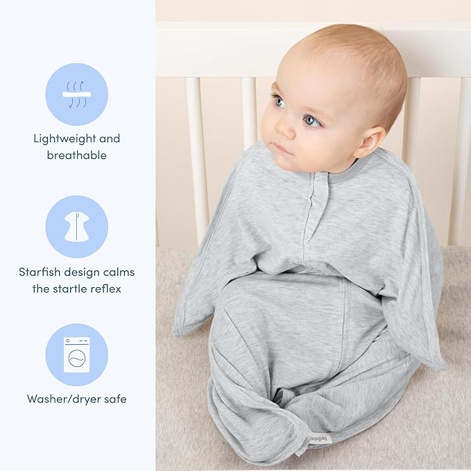 SleepingBaby Zipadee-Zip Transition Swaddle - Cozy Baby Swaddling Blanket with Zipper Convenience - Roomy Wearable Blanket for Easy Diaper Changes - 12-24 Month - Recharge Silver Heather