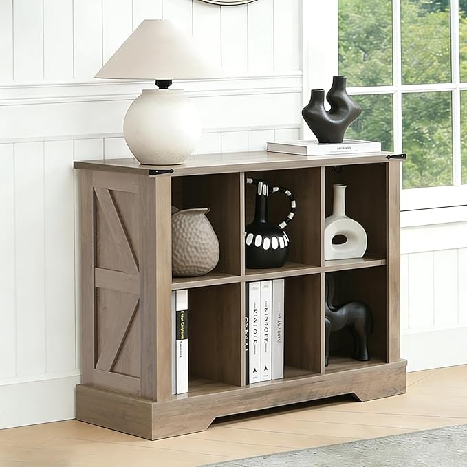 Puntogen 6 Cube Storage Organizer, Wood Cube Bookshelf with LED Lights, Horizontal Storage Cubes, Kids Bookshelf, Display Cabinet Cubby Shelf for Living Room Home Office Bedroom, Grey
