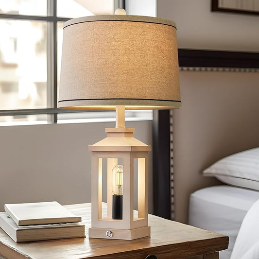 G-SAFAVA 23.75" Retro Farmhouse USB C+A Ports Table Lamp with 3 Way Dimmable Touch Control White Nightlight Vintage Modern Lamp for Living Room Bedroom with 2 Light Sources