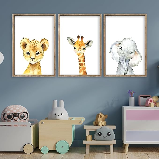 Baby Safari Nursery Wall Art Decor 24x16 Inch Set of 3 Wood Framed Cute Animal Giraffe Elephant Lion Prints Sign Kids Boys Girls Room Bedroom Jungle Animal Pictures Wall Hanging (Wood)