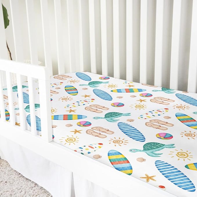 Boho Summer Beach Surf Baby Crib Sheet 52''x28'' Colorful Surfboard Sun Turtles Stretchy Fitted Crib Mattress Sheet for Boy Girl Holiday Soft Baby Bed Sheets for Standard Crib and Toddler Mattress