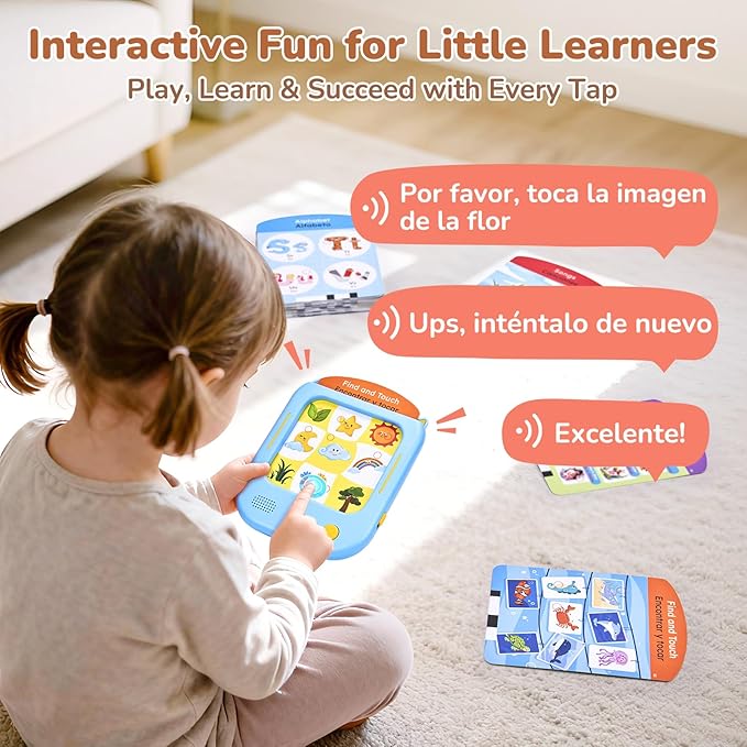 JoyCat Bilingual Kids Learning Tablet, 106 Pages Talking Cards with 20 Interactive Games, Montessori Toy for Alphabet, Words, Simple Math, Colors & Songs, Toddler Learning Toys for 2-6 Year Old Gifts