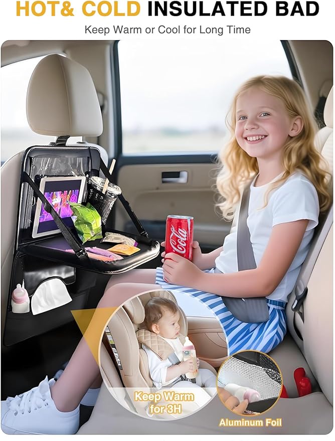 Drsvabze 2-Pack Leather Car Backseat Organizer with Tablet Holder–Foldable Food Tray,Storage Pockets,Trash Can,Tissue Holder & Insulated Bag–Kick Mats Protector for Kids,Travel Accessories Organizer