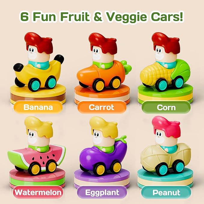 iPlay, iLearn 6PCS Press to Go Car Toys for Toddlers 1-3, Baby Push Go Racing Cars, Infant Fruit Vegetable Vehicle Set for 18 24 Month, Baby Birthday Stocking Gifts for 1-2 Years Old Boys Girls Kids