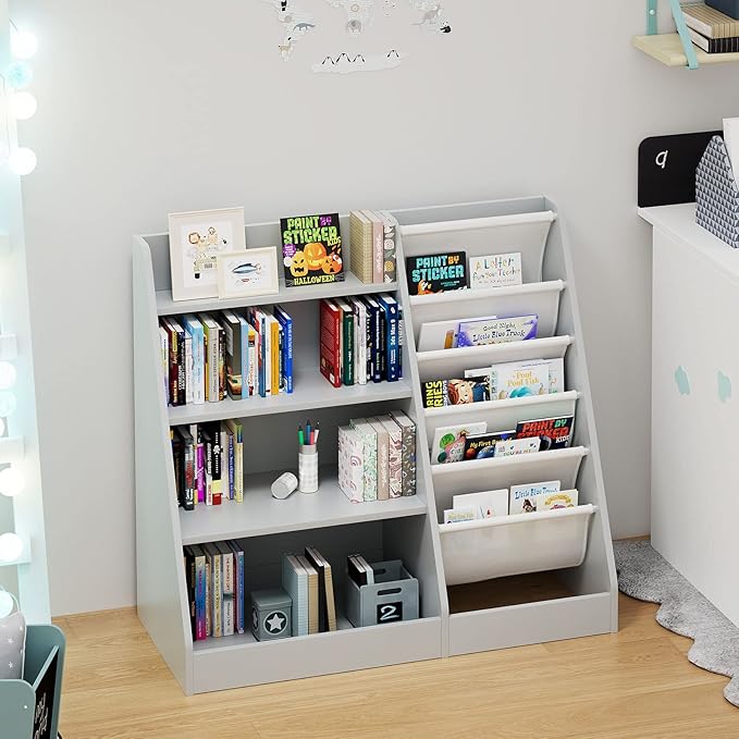 HedoAjim Gray 4 Tier Kids Wooden Bookshelf,Five Layer Sling Toddler Front Facing Bookcase,Baby Kids Storage Book Rack,Book and Toy Organizer Cabinet,Child Book Display Playroom Nursery Bedroom