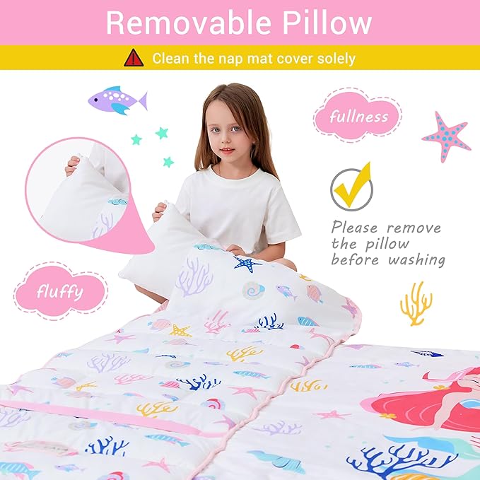 Toddler Nap Mat with Pillow and Blanket, Extra Large Rolled Napping Mats,Slumber Bags for Boys Girls,Kids Sleeping Bag for Daycare, Preschool Travel Camping