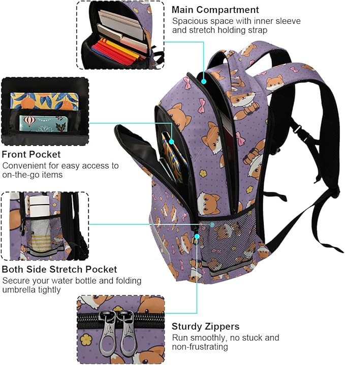 MNSRUU School Backpack with Chest Strap, Cute Cartoon Fox Laptop Backpack, Travel Hiking Backpack for Boys Girls, Rucksack, Knapsack