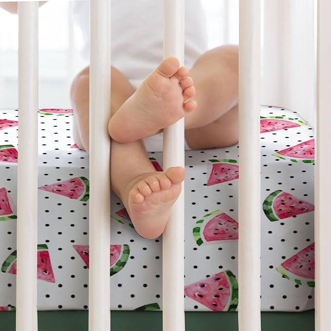 Watercolor Watermelon Dots Baby Crib Sheets 52''x28'' Watermelon Fruits Snug Fitted Crib Mattress Covers for Boy Girl Boho Summer Fruits Soft Baby Bed Sheet for Standard Crib Toddler Mattress