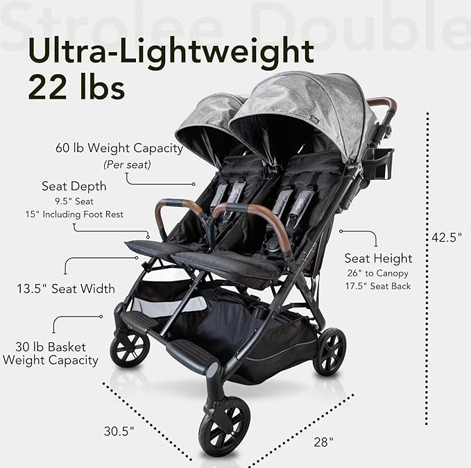 Strolee Lightweight Double Side by Side Stroller - 22 Lbs, 9.5" Compact Fold, Twin Nap Ready Seating, No Rethread Harness, Magnetic Buckle & Ultra Plush Seat 60Lb Max Per Seat- (v2 Black)