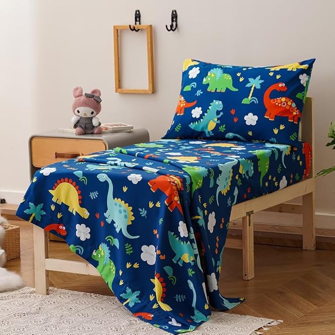 CLOTHKNOW Dinosaur Toddler Bedding Sets for Boys, 4 Pieces Bedding Sets Cartoon Cute Animal Pattern, Soft Crib Bed Set Including Comforter, Flat Sheet, Fitted Sheet and Pillowcase, Blue