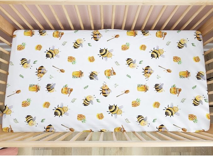Bee Honey Baby Crib Sheets Neutral for Standard Crib Mattress Pads Cartoon Bee Honeycomb Fitted Crib Sheet Nursery Crib Mattress Cover Boys Girls Toddler Bed Sheet Stretchy Breathable Nursery Bed