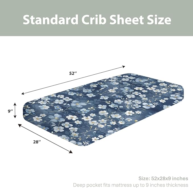 Wonderful Flowers Baby Crib Sheets for Boy Girl 52x28Inch Vintage Blue Floral Soft Stretchy Fitted Crib Mattress Cover Spring Summer Nursery Baby Sheet for Standard Crib and Toddler Bed Mattresses