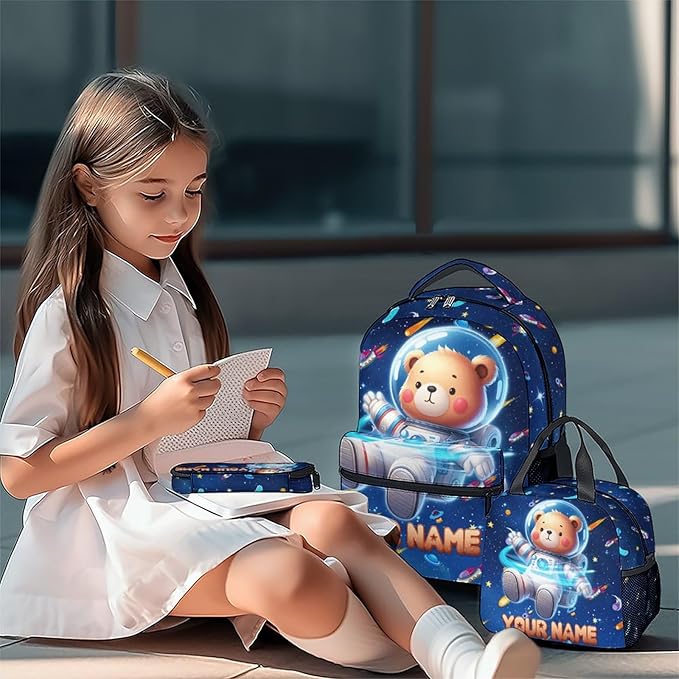 GiftoFLUX Bookbag for Boys - Personalized Bear Backpack Set for Kids Girls - Custom Backpacks for Toddlers - Planet School Bag for Kindergarten/Preschool/Elementary(17 Inch)