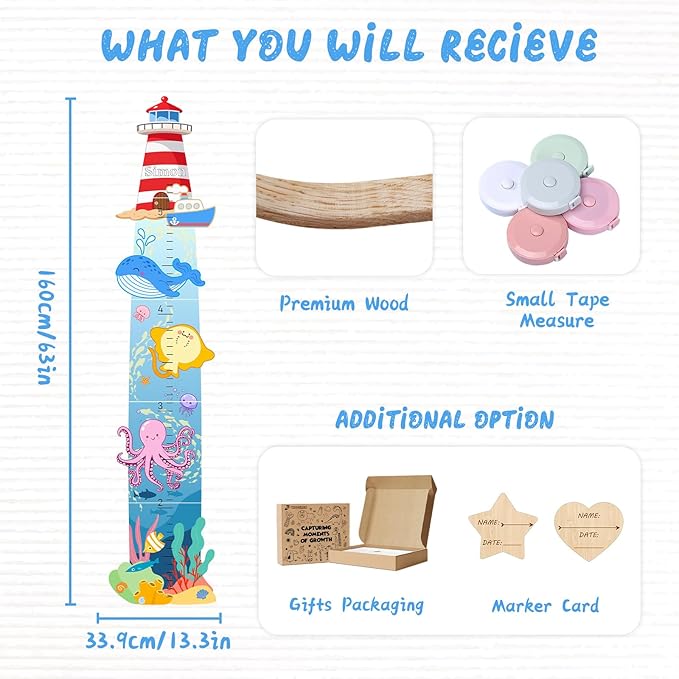 Woodemon Personalized Name Wooden Growth Charts for Kids, Lighthouses and Oceans Height Measurement for Wall Girls Boys Teen Room Nursery Decor
