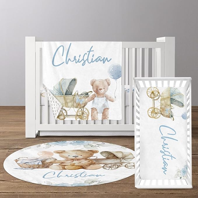 Custom Baby Crib Bedding Set, Personalized Name Bear Doll Theme Crib Set 3 Pcs, Soft Double Layer Blanket, Crib Sheet & Room Rug, Ideal Nursery Decor Gift for Baby Girls Boys