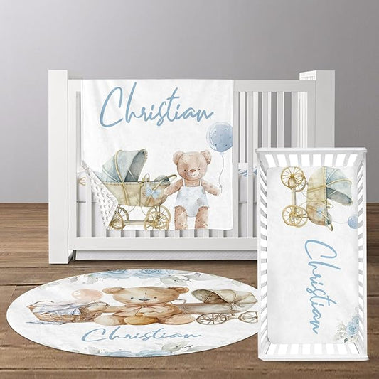 Custom Baby Crib Bedding Set, Personalized Name Bear Doll Theme Crib Set 3 Pcs, Soft Double Layer Blanket, Crib Sheet & Room Rug, Ideal Nursery Decor Gift for Baby Girls Boys
