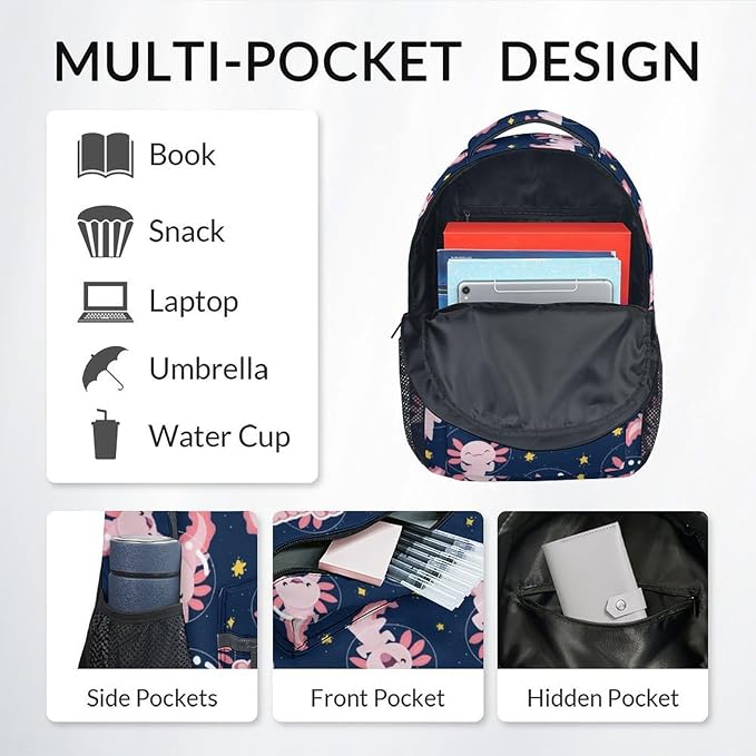 COZYAURA Custom School Bags for Girls - Cute Axolotl Travel Backpack for Kids - 17 Inch Black Bookbag for Elementary Middle School - Back to School Supplies